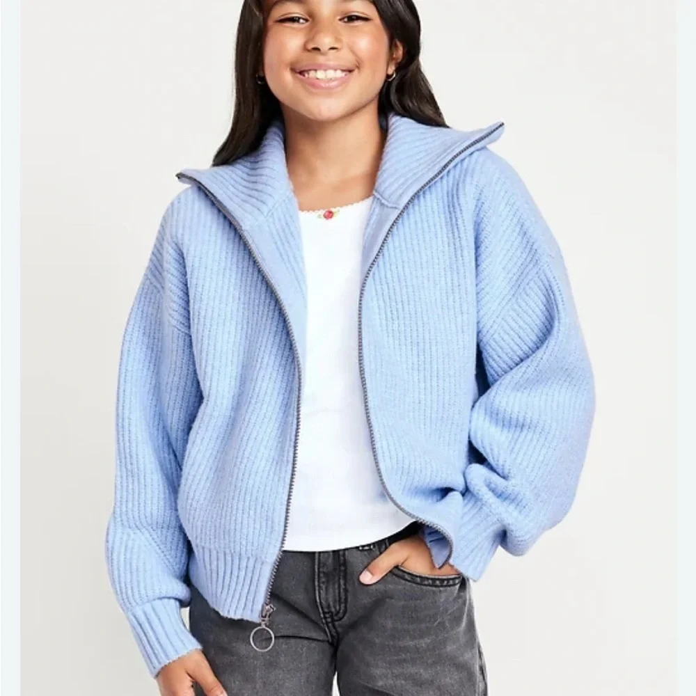 Old Navy Girls Light Blue SoSoft Collared Ribbed Zip-Up Knit Sweater